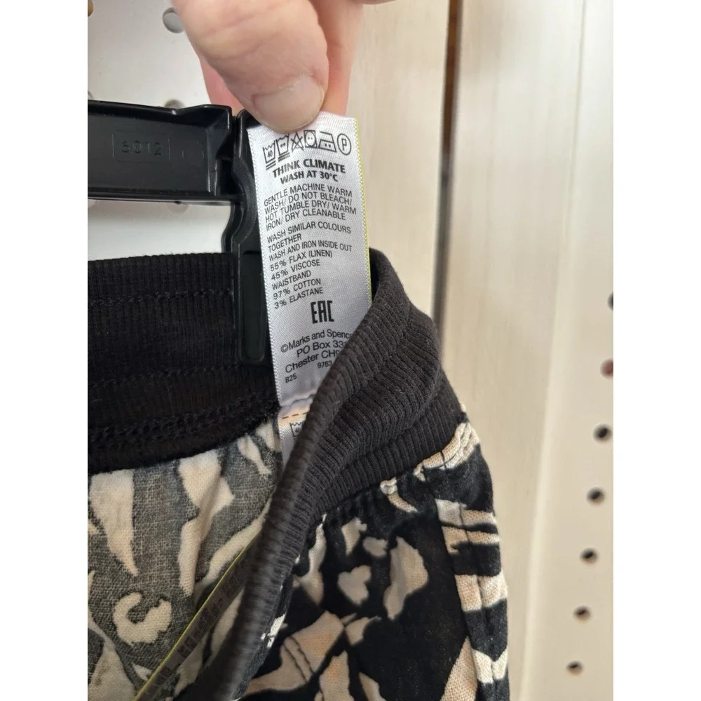 M&S Collection Women's‎ Size 4 Pull On Black Beige Print Knee Skirt Linen Blend